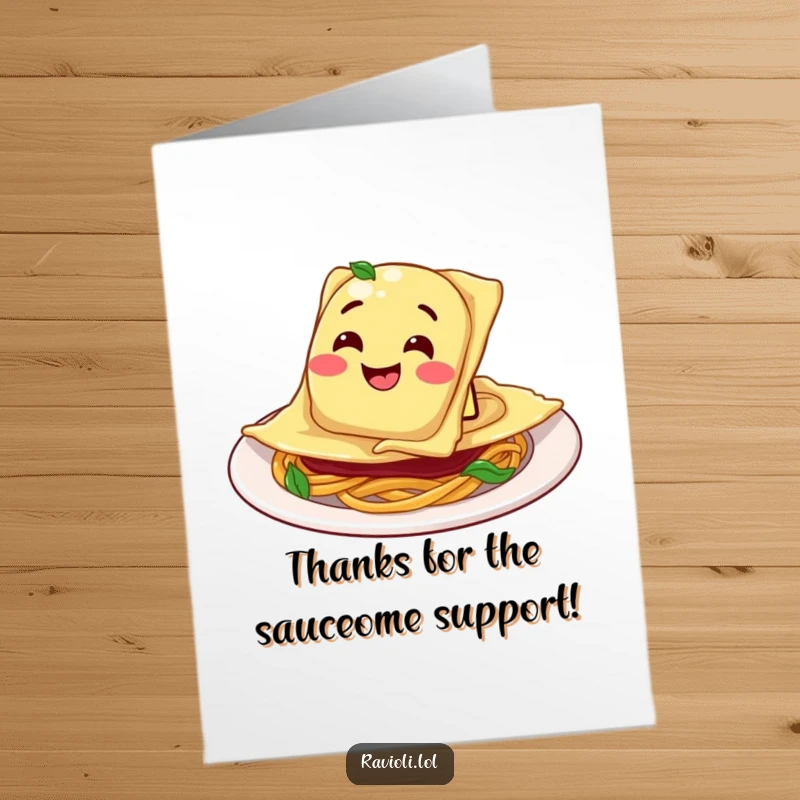 Funny Free Printable Thank You Card: Ravioli character slides into a plate with a goofy grin, showing thanks.