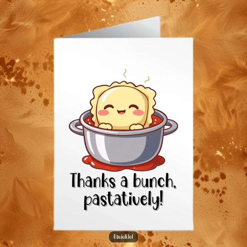 Funny Free Printable thank you card featuring a silly ravioli character peeking from sauce, expressing thanks.