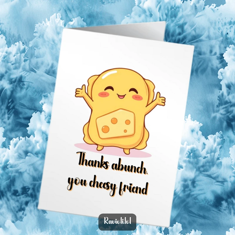 Funny Free Printable Thank You Card: Cute ravioli giving a big hug to a shy, blushing cheese.