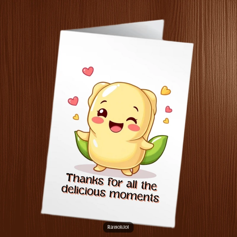 Funny Free Printable Thank You Card: A joyful ravioli character skillfully juggles vibrant peas, expressing heartfelt thanks playfully.