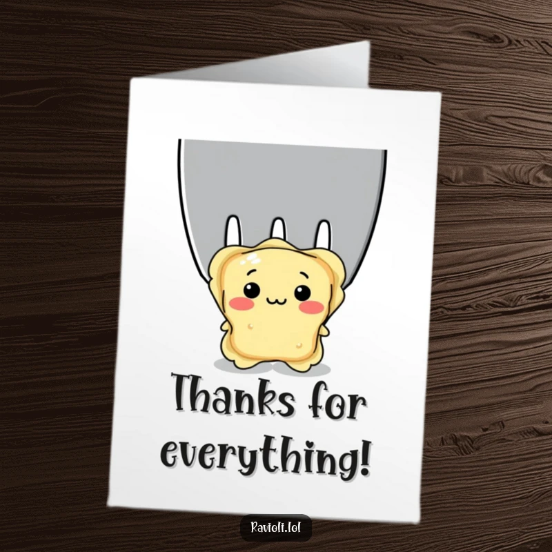 Funny Free Printable Thank You Card: A shy ravioli peeking out, offering a bashful thank you.