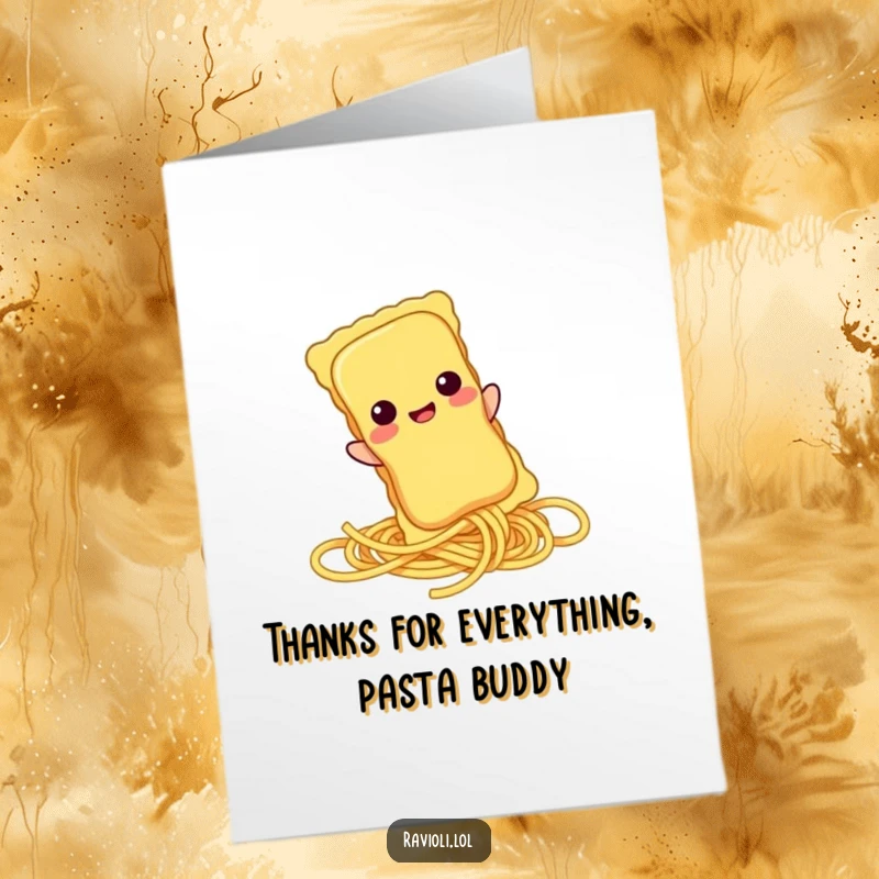 Funny Free Printable Thank You Card: Amusing ravioli character slides down spaghetti cord, conveying thanks with humor, downloadable and charming.