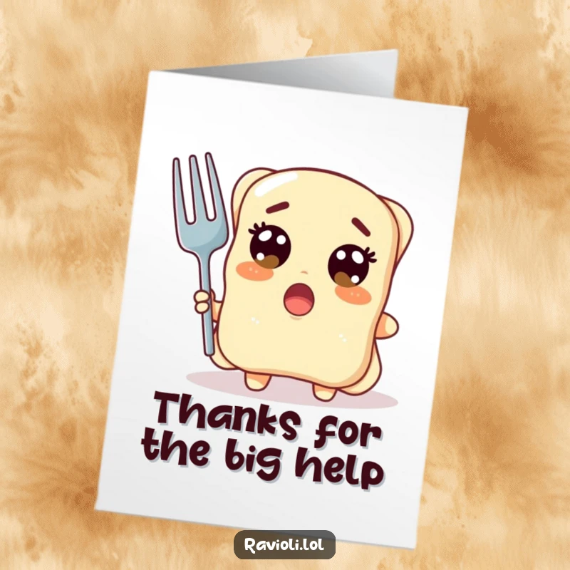 Funny Free Printable Thank You Card with a ravioli character looking surprised, holding a giant fork, conveying thanks with unexpected humor.