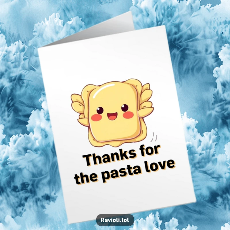 Funny Free Printable Thank You Card: A flying ravioli with pasta wings delivers a heartfelt, hilarious thank you.