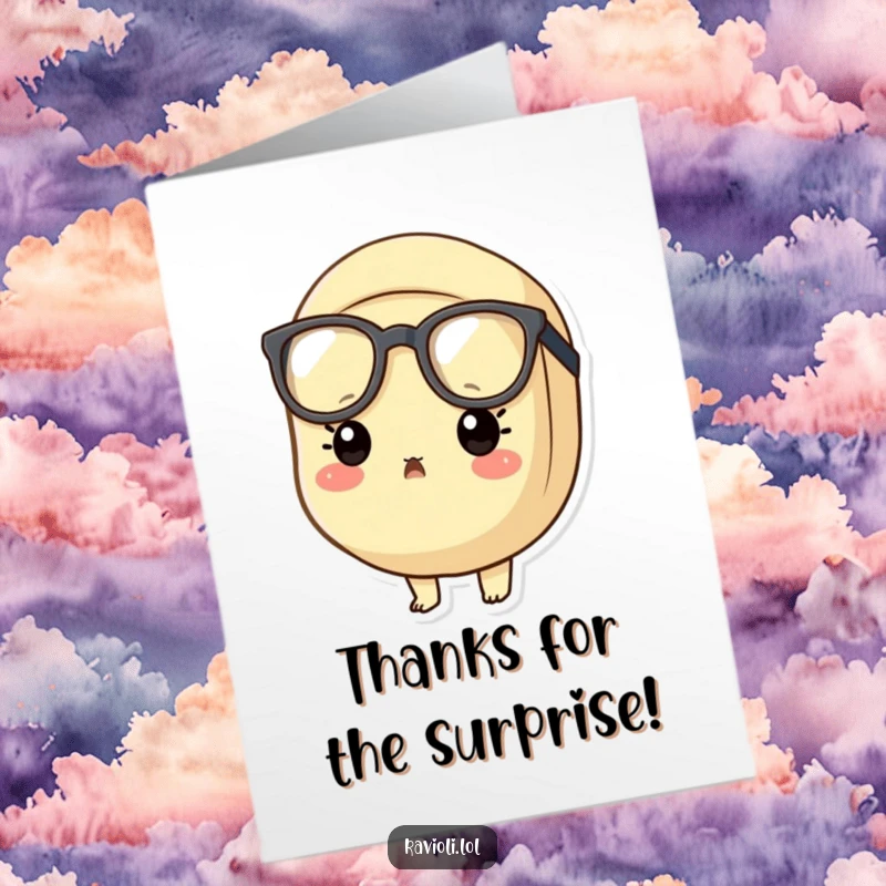 Funny Free Printable Thank You Card: Ravioli character with tiny oversized glasses, eyes wide with surprise, saying thank you.