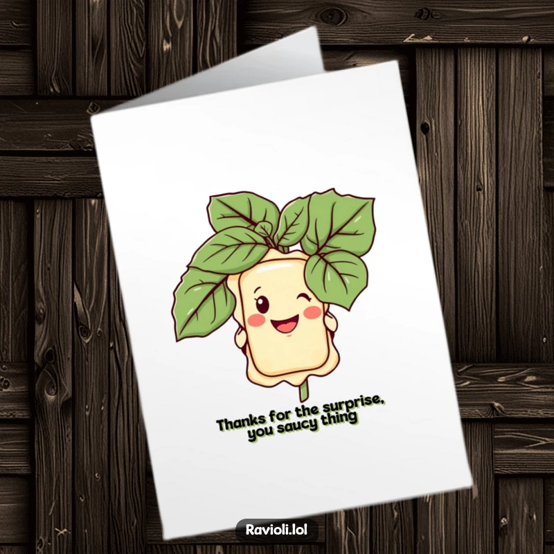 Funny Free Printable Thank You Card: A cheerful ravioli character peeks from behind a large basil leaf with a big happy smile.