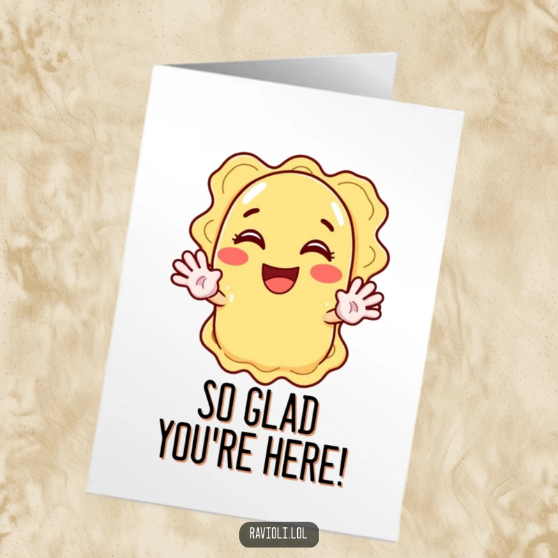Funny free printable ravioli thank you card: a pasta character enthusiastically waving both hands, expressing thanks.