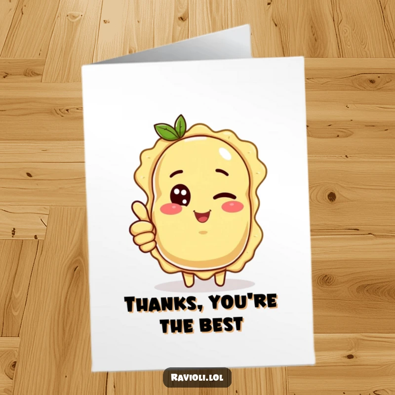 Funny free printable ravioli thank you card: a pasta character giving a playful wink and a supportive thumbs up.