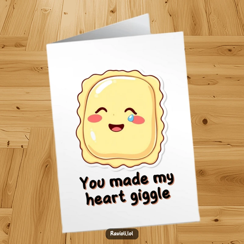 Funny Free Printable Thank You Card: A ravioli character laughs heartily, a single tear of mirth visible, expressing thanks.