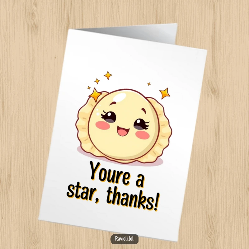 Funny Free Printable Thank You Card: A ravioli with starry eyes, spinning with delight, expressing heartfelt thanks.