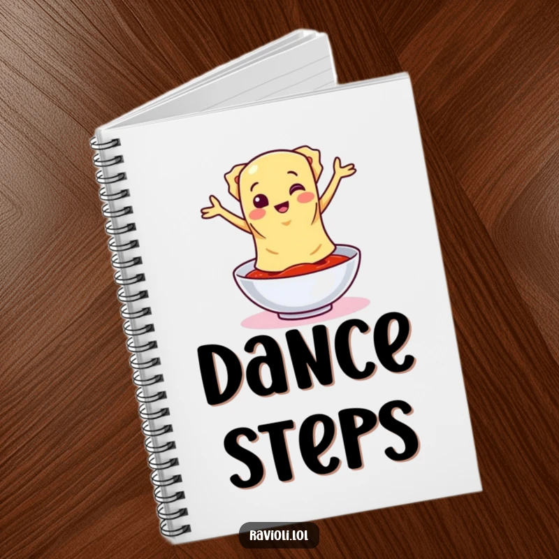 Notebook cover adorned with a funny ravioli character doing a silly dance around a bowl of sauce, inspiring creativity and fun.