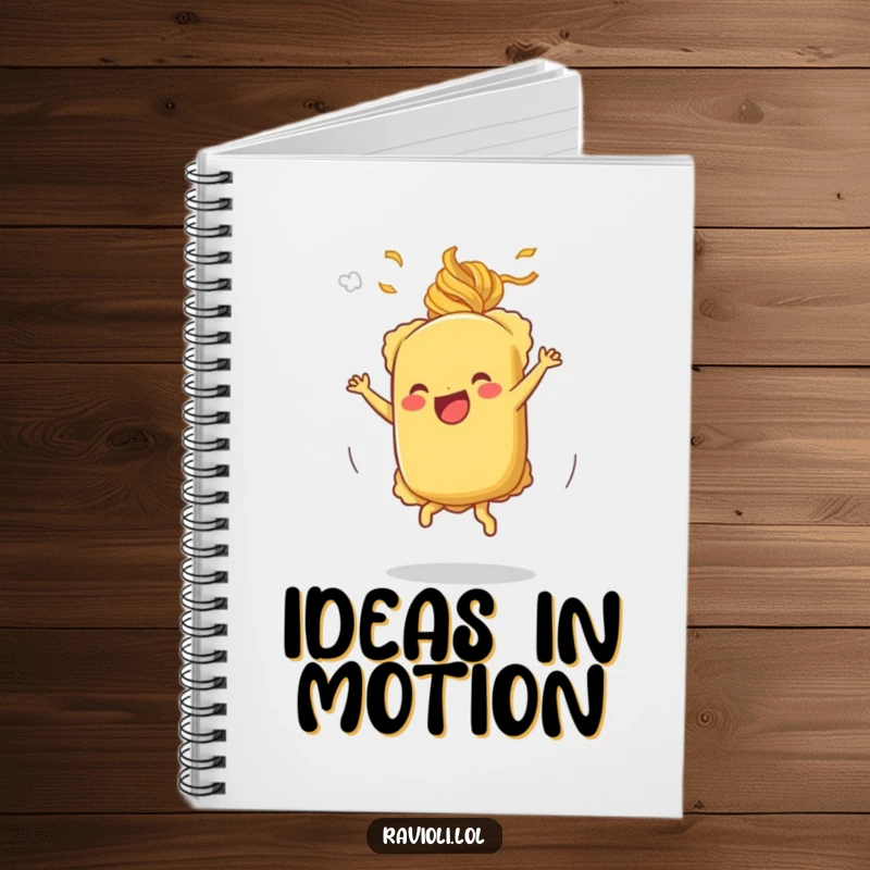 Funny cartwheeling ravioli notebook featuring a ravioli character doing a cartwheel with pasta steam, ideal for notes.