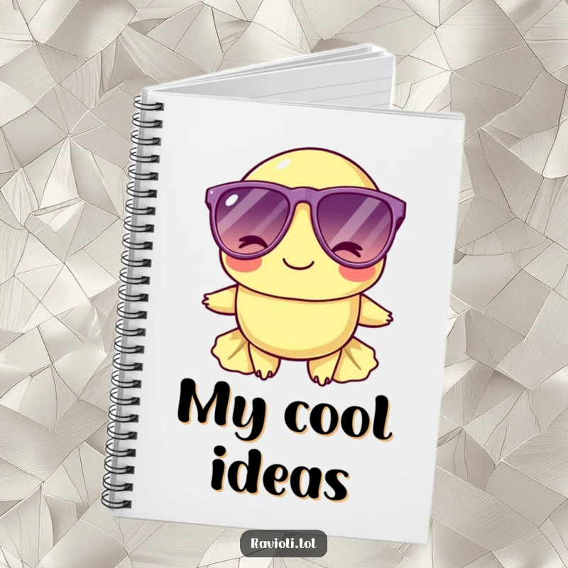 Funny ravioli character in oversized sunglasses, winking, featured on a notebook cover for cool and humorous note-taking.