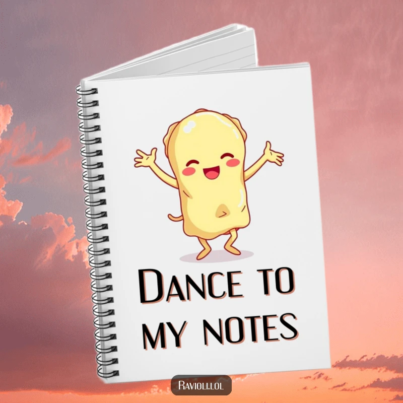 Funny ravioli character with exaggerated floppy limbs doing a clumsy dance, a humorous and functional notebook.