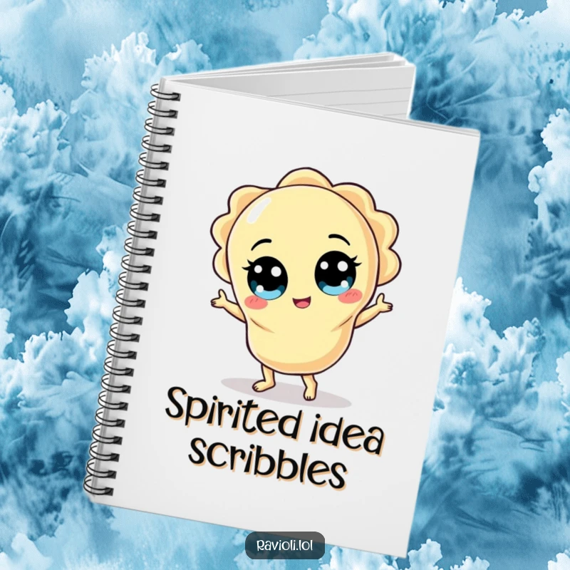 Funny ravioli character with wide eyes doing a silly dance, on a notebook for writing funky ideas.
