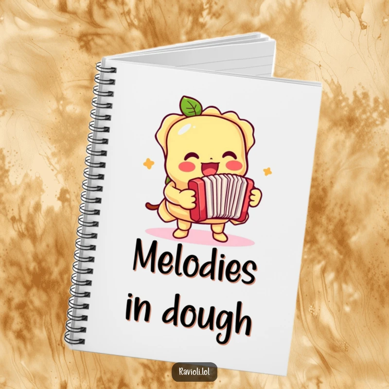 Funny notebook cover showing a ravioli character playing a tiny accordion with great enthusiasm, for writing and creativity.