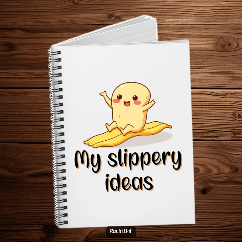 Funny ravioli character mid-slip on a banana peel, a humorous design on a notebook cover.