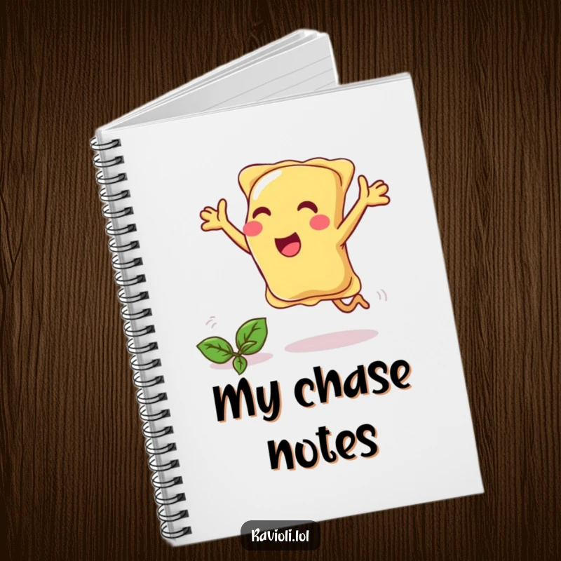Funny ravioli joyfully chases a basil leaf with open arms, notebook for notes.