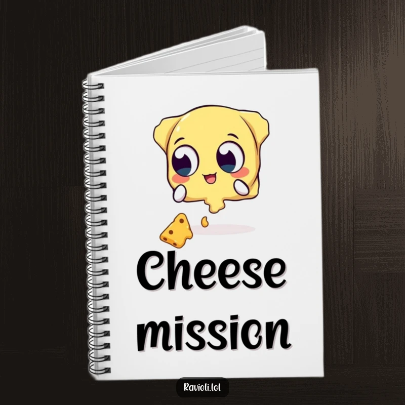 Funny notebook with a ravioli character's wide-eyed attempt to catch falling cheese, perfect for jotting down recipes and ideas.