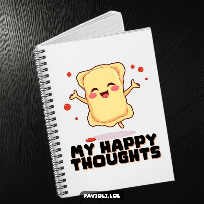 Funny notebook cover depicting a happy ravioli character dancing with sauce splatters, perfect for jotting down notes with Italian culinary joy.