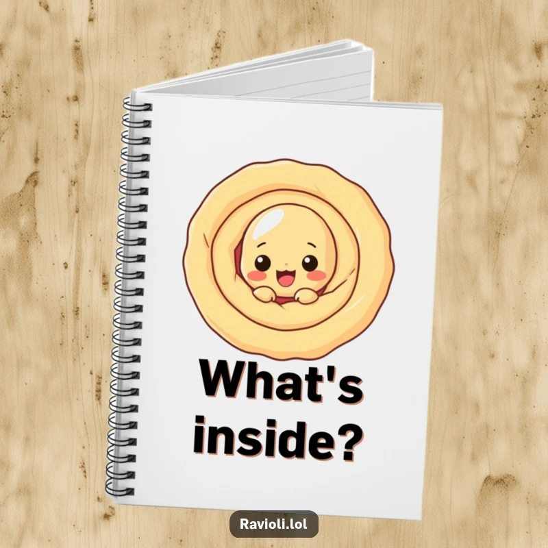 Funny ravioli character peeking from behind a large dough swirl, a funny and creative notebook cover.
