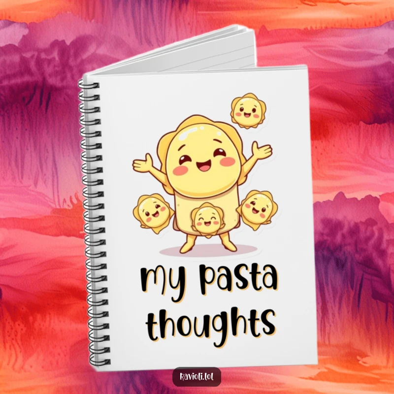 Funny smiling ravioli character juggling pasta, on the cover of a creative recipe notebook.