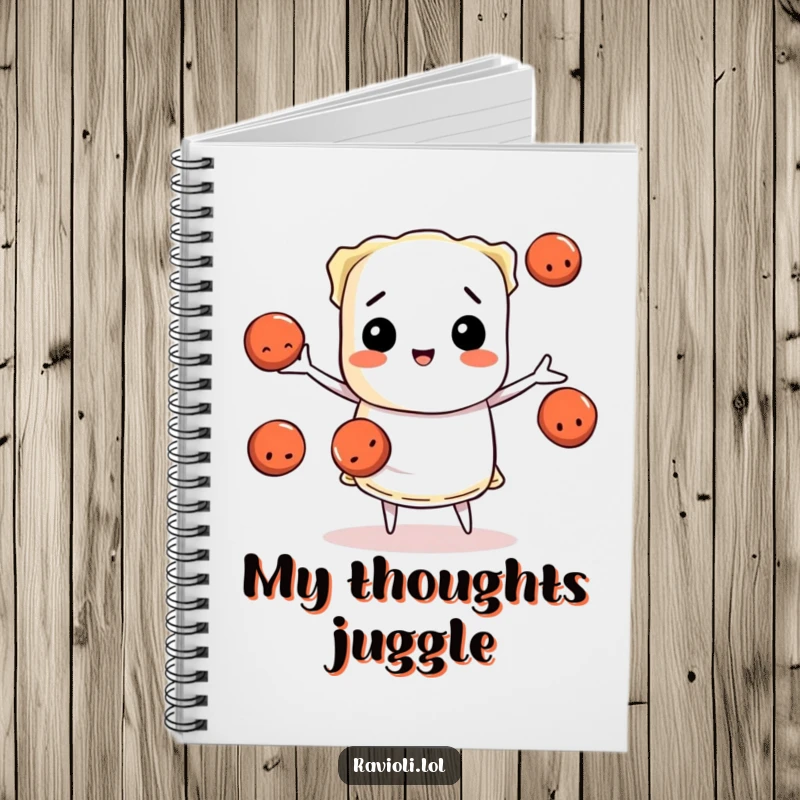 Funny ravioli character juggling meatballs, notebook with pasta chef humor, ideal funny gift.