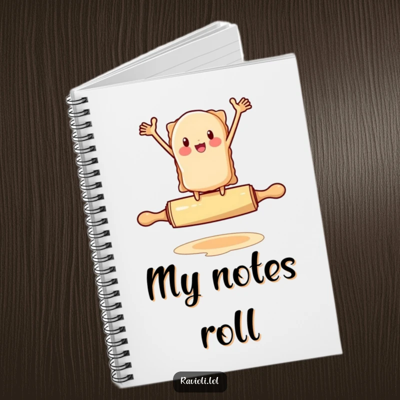Funny ravioli character flailing arms on a rolling pin, notebook with pasta humor, ideal funny gift.