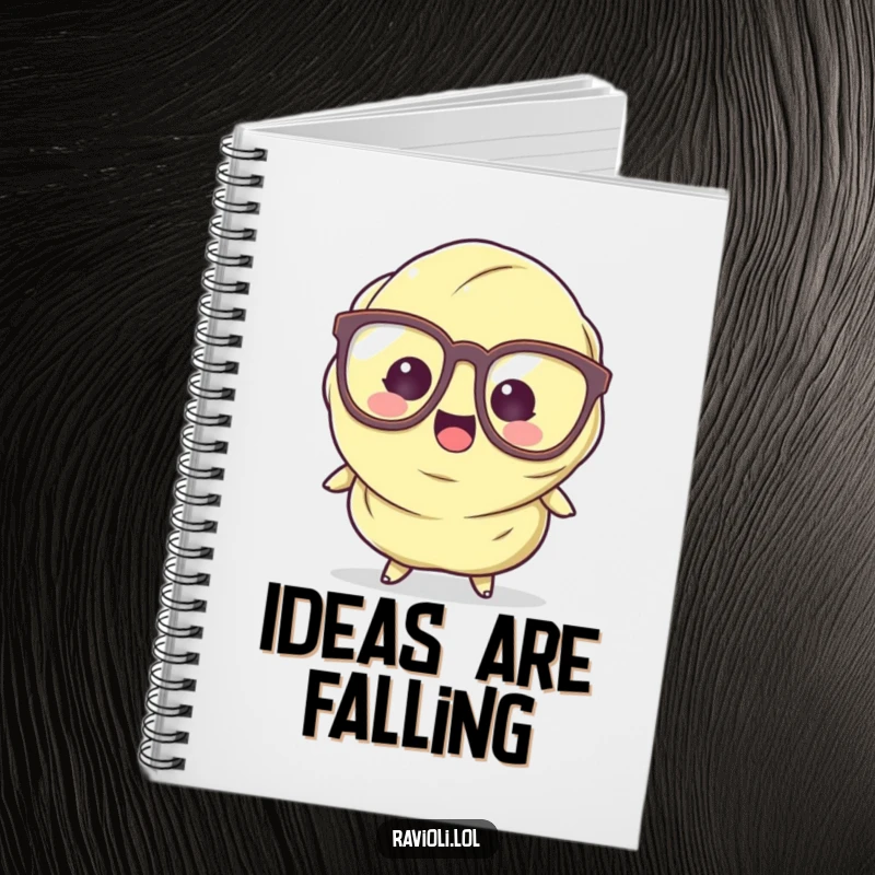 Funny Ravioli Notebook with a pasta character wearing large glasses, humorously tripping, perfect for jotting down funny thoughts.