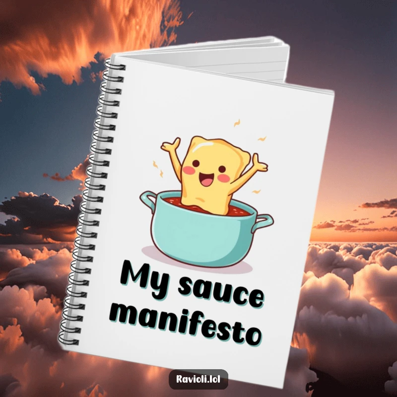 Funny notebook cover art of a happy ravioli character leaping into a sauce pot, inspiring creative thoughts and foodie adventures.