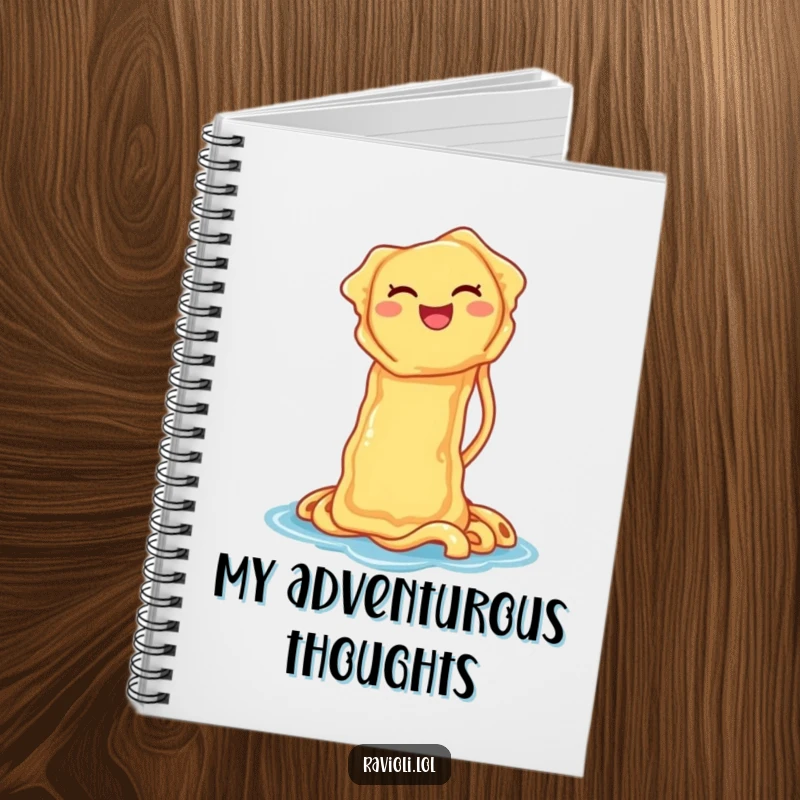 Notebook with a funny ravioli laughing on a noodle waterslide on the cover, perfect for notes, recipes, and creative ideas.
