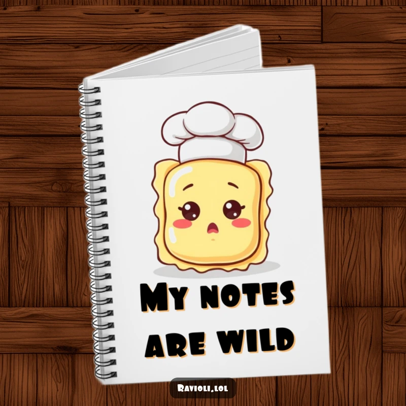 Funny ravioli character in a chef hat, looking surprised, on the cover of a notebook, designed for humorous journaling and note-taking.