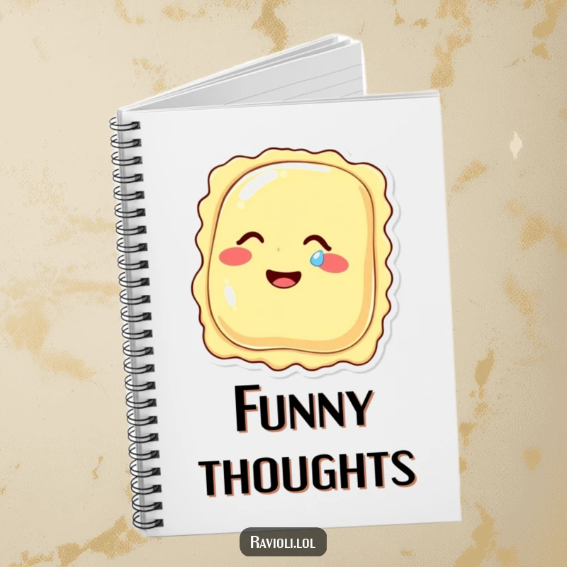 Notebook cover adorned with a funny ravioli character giggling intensely, with a single tear of mirth, inspiring creativity and laughter.
