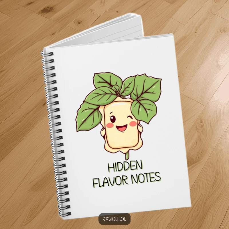 Funny notebook cover with a ravioli character peeking from behind a giant basil leaf, ready for notes and recipes.