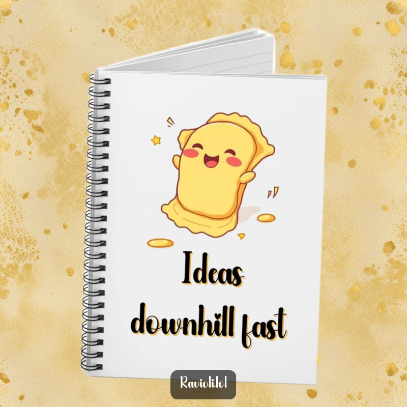 Funny Notebook: A ravioli rolls downhill with enthusiasm, trailing giggles, providing a humorous cover for your notes and creative endeavors.