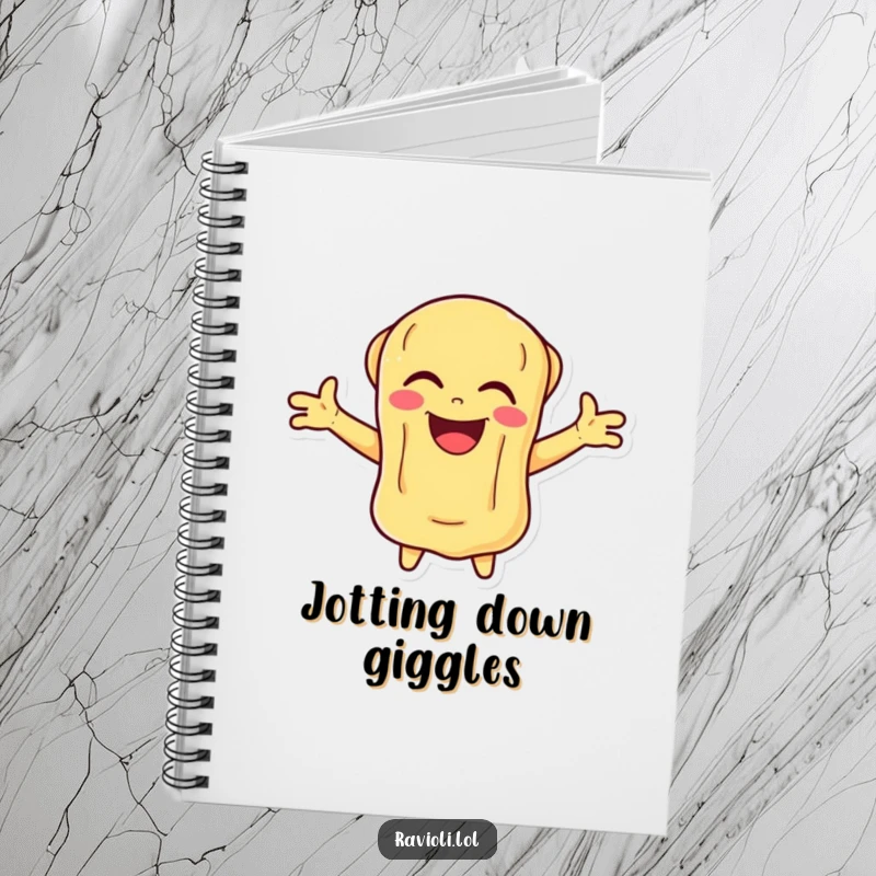 Funny Ravioli Notebook featuring a pasta character laughing vibrantly with arms open, perfect for jotting down cheerful thoughts.