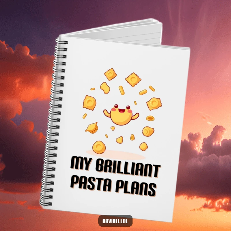 Funny ravioli character juggling pasta shapes on the cover of a notebook, designed for humorous note-taking and journaling.