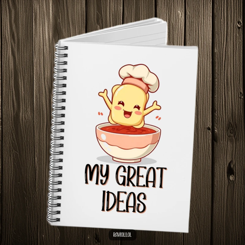 Funny ravioli chef leaping into sauce on a notebook cover, perfect for jotting down recipes or culinary ideas.