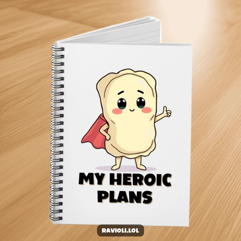 Funny ravioli character in a dramatic pose with a tiny cape, cover of a notebook for jotting down ideas humorously.