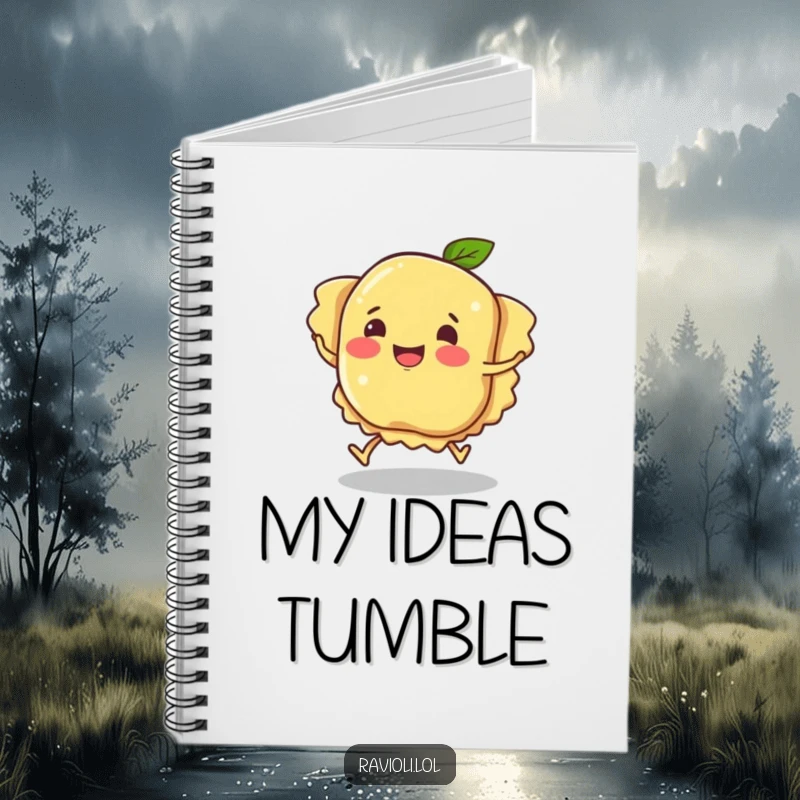 Funny ravioli character tripping, a notebook with pasta humor and a clumsy character on the cover, ideal funny gift.
