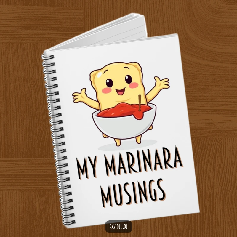 Funny notebook cover depicting a ravioli character embracing a bowl of marinara sauce, perfect for jotting down ideas with Italian culinary passion.