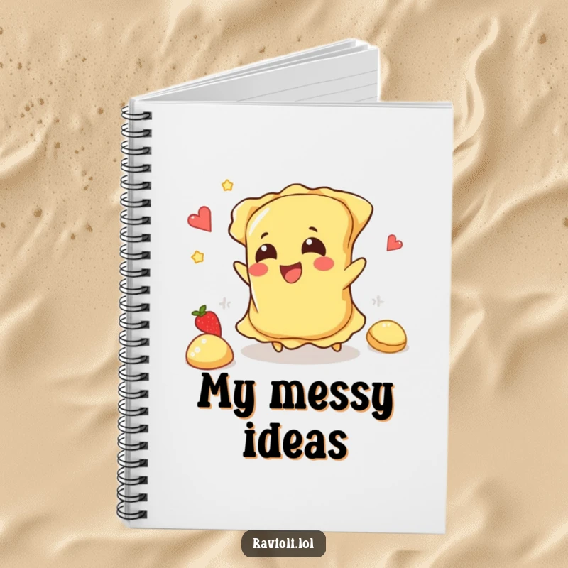 Funny ravioli character tripping and spilling filling, on the cover of a creative recipe notebook.