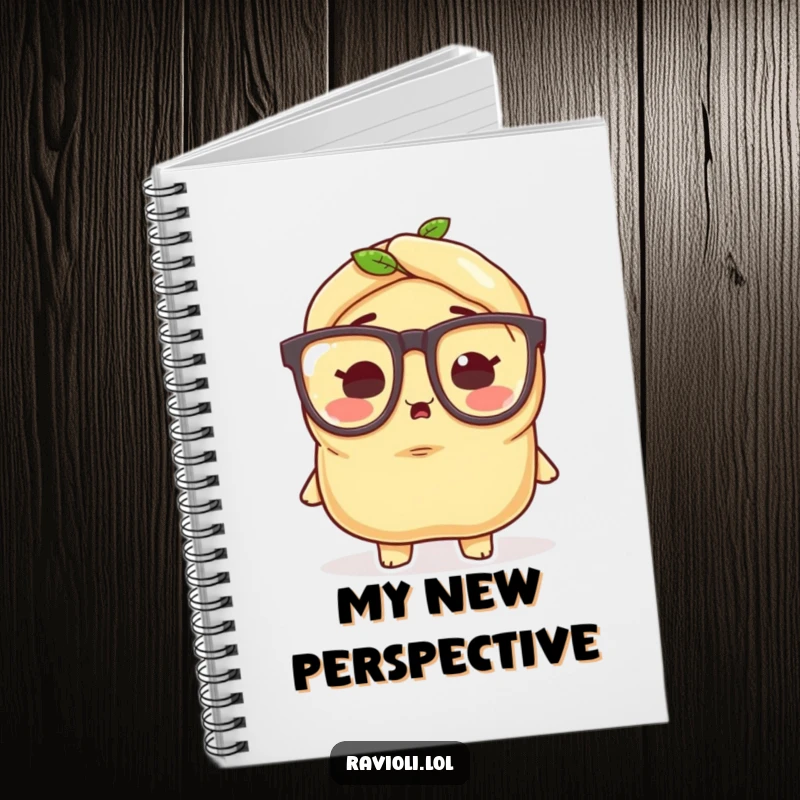 Funny ravioli character wearing tiny oversized glasses, looking surprised, on the cover of a creative recipe notebook.