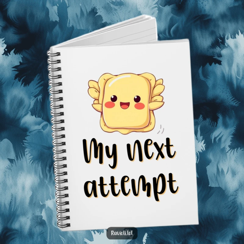 Funny ravioli notebook with a pasta character flapping wings, attempting flight, a humorous journal for creative minds.