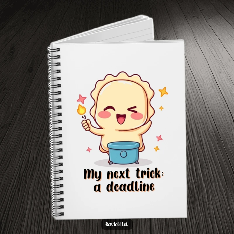 Funny notebook with a winking ravioli character performing a magic trick, ideal for jotting down creative ideas and culinary plans humorously.