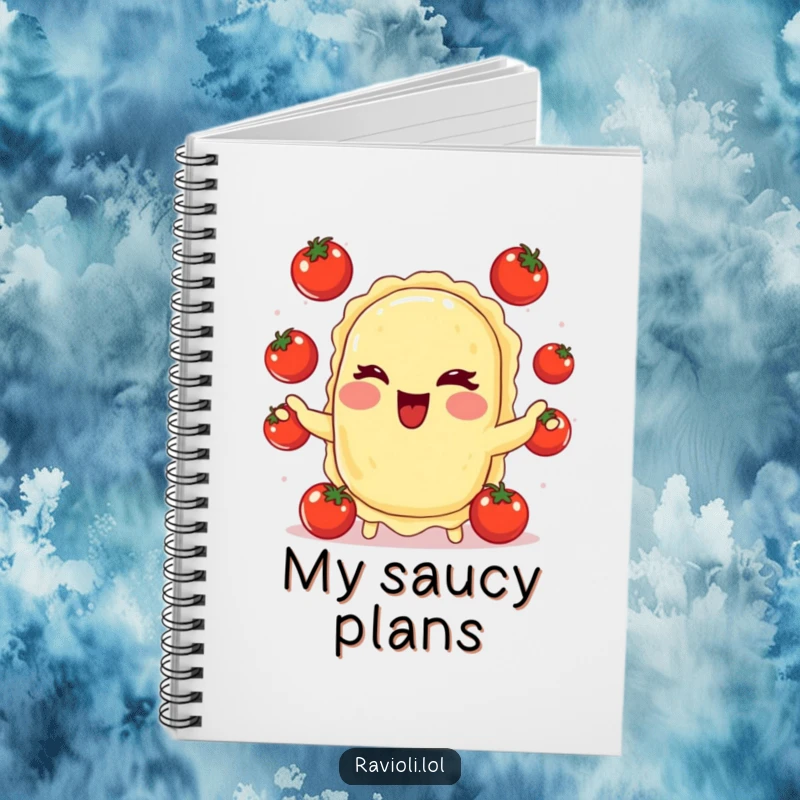 Notebook with a funny ravioli character winking and juggling tomatoes on the cover, perfect for recipes and culinary notes.