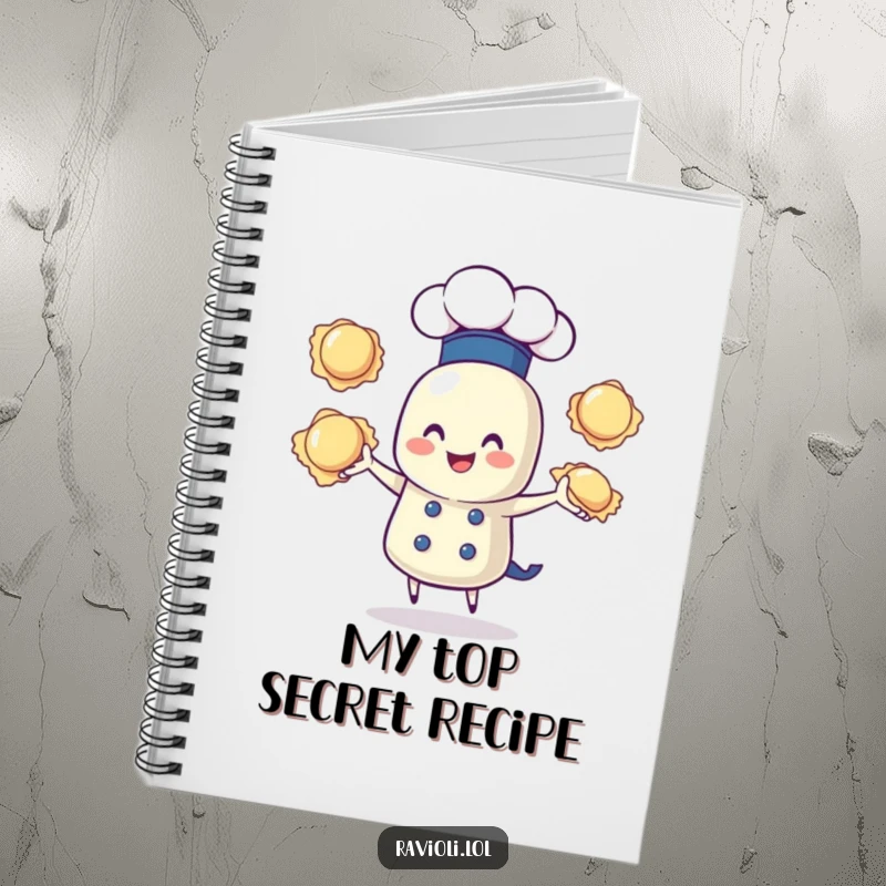 Funny notebook with a ravioli character in a chef hat, juggling three ravioli, ideal for jotting down creative ideas humorously.