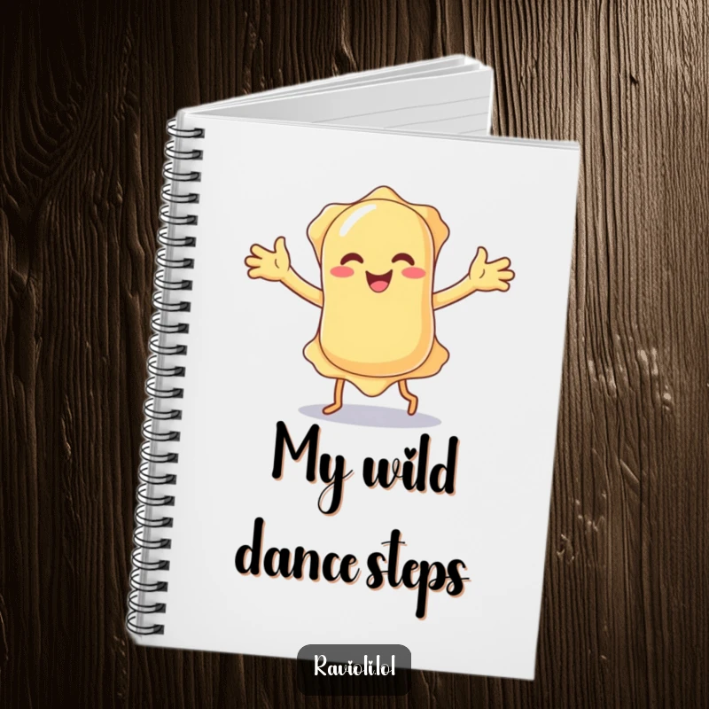 Funny ravioli character doing a silly dance on the cover of a notebook, designed for humorous journaling and note-taking.