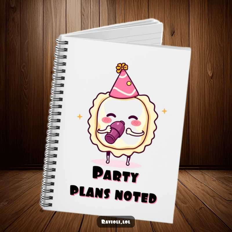 Funny ravioli wearing a party hat blowing a noisemaker, notebook with a festive Italian pasta character, great funny gift.