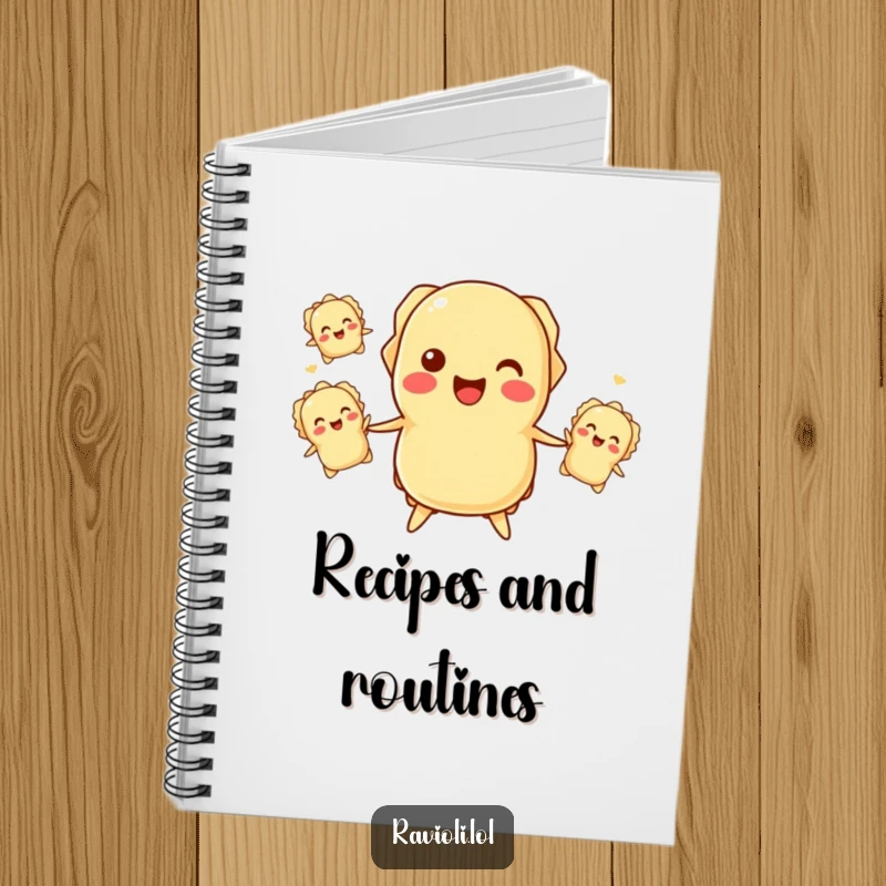 Funny ravioli juggling notebook featuring a smiling ravioli character balancing smaller ravioli, ideal for note-taking.